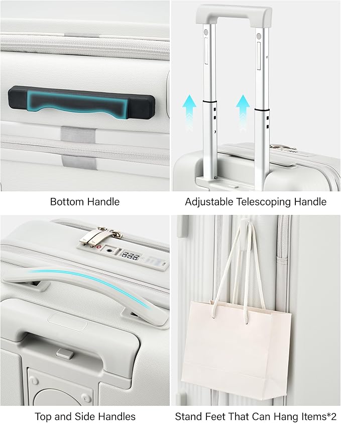 Hanke 20 Inch Expandable Carry On Luggage Airline Approved Top Opening Travel Luggage Rolling Suitcase with Cup Holder Hard Shell Suitcases with Wheels (Smoke White)