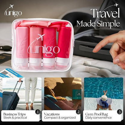 unigo Travel Bottles For Toiletries, 3.oz TSA Approved Containers, Travel Size Toiletries, Shampoo and Conditioner Bottles, Leak Proof and Refillable Bottles, BPA Free, Extra Bottle Covers (Pink)