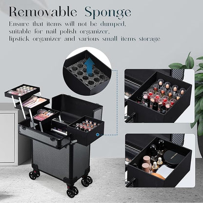 Rolling Makeup Case, Cosmetology Case on Wheels Makeup Train Case Professional Vanity Case with Trays for Women Large Travel Makeup Box Organizer Makeup Trolley on Wheels with Key,Ashy Grey