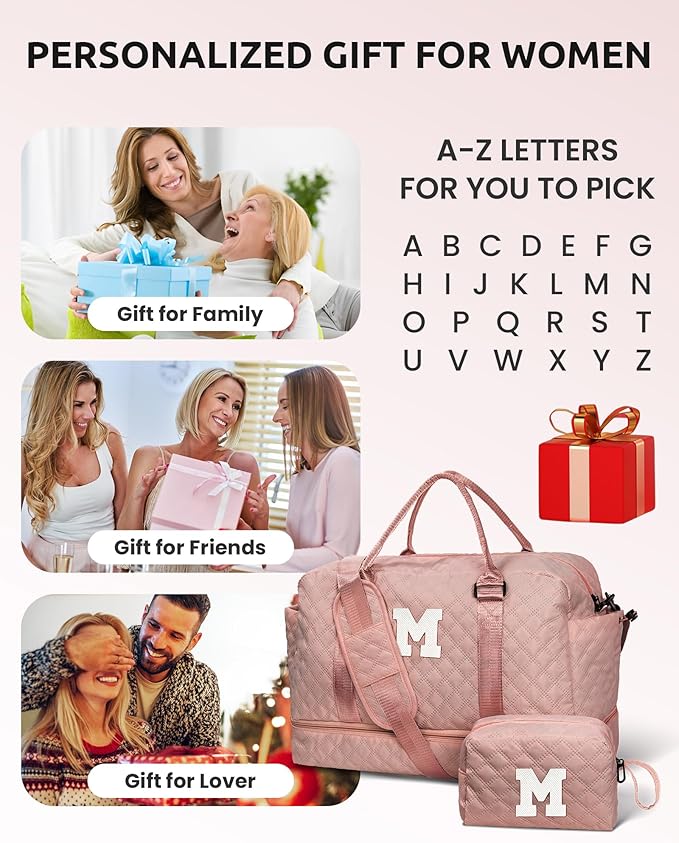 Gifts for Daughter-Christmas Gifts for Teens-Girls Initial Duffle Bag with Shoe Compartment, Kids Weekender Bags, Monogram Overnight Bag, Travel Bags with Makeup Pouch，Sister Gifts (Letter M)