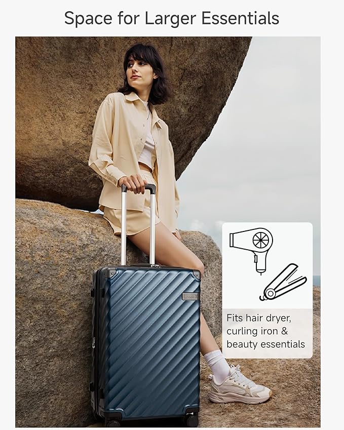 24 Inch Luggage with Spinner Wheels, KVC Expandable Hardside Medium Checked Suitcase (EX-Core, Navy, 24 Inch, 70L-76L)