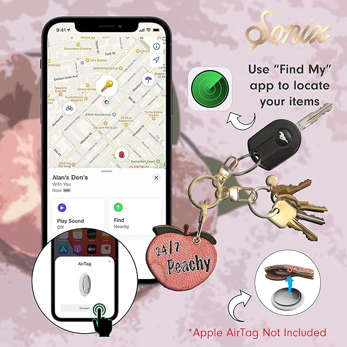 Sonix Keychain Case Compatible with Apple AirTag | Protective AirTag Cover Keychain Charm | 24/7 Peachy, Embroidered Peach Charm | Peach