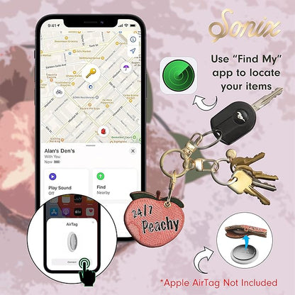 Sonix Keychain Case Compatible with Apple AirTag | Protective AirTag Cover Keychain Charm | 24/7 Peachy, Embroidered Peach Charm | Peach