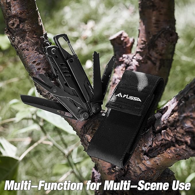 FLISSA 15-in-1 Multi-tool Pliers with Sheath, Portable Pocket Knife with Safety Locking System, Belt Clip and Sheath for Outdoors, Survival, Camping, Fishing, Hunting – Ideal Christmas Gift for Man