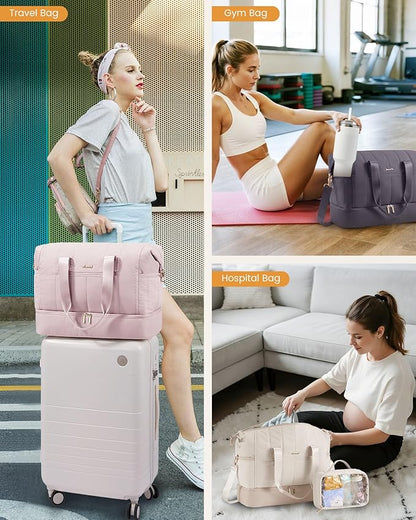 LOVEVOOK Travel Duffle Bag,Puffer Weekender Bags For Women with Shoe Compartment,42L Carry On Duffel Bags For Airplanes,Hospital Bag for Labor and Delivery,Overnight Bag 2Pcs Set