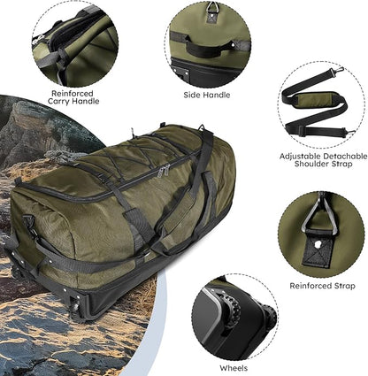 110L Expandable to 140L 32” Foldable Oxford Soft-Sided Rolling Duffle Bag with 2 Heavy-Duty Wheels,3 Large Compartments,Adjustable Shoulder Strap and Attached Organizer Pouch,Green