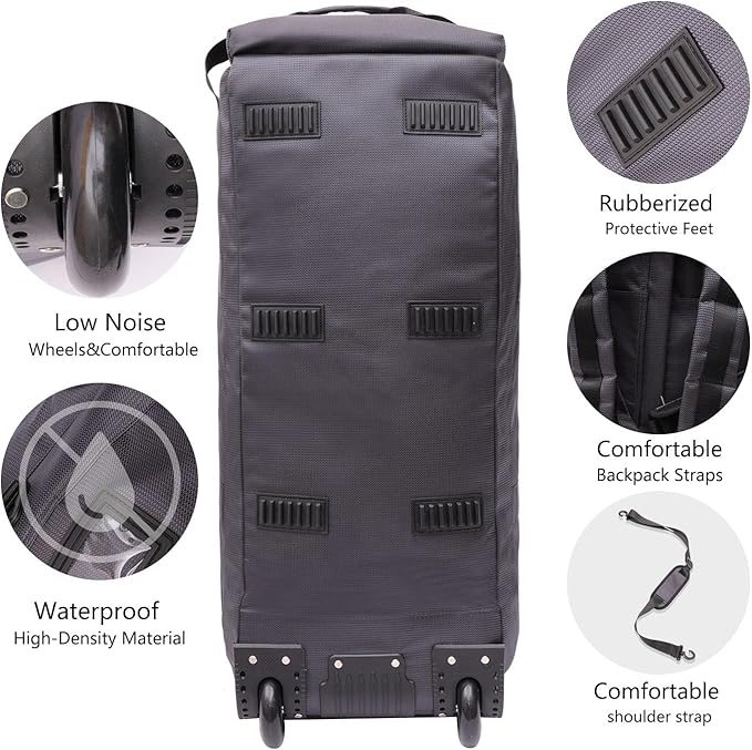 80L Rolling Duffle Bag with Wheels - Heavy-Duty 33.5" Foldable Duffel, Water-Resistant Wheeled Luggage with Shoulder Straps for Camping, Gym, Airplane (Grey)