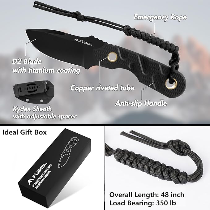 FLISSA Fixed Blade Knife, 7 Inch Full Tang Hunting Knife with Kydex Sheath and Emergency Rope, Tactical Knife with G10 Handle for Survival, Camping, Hiking(Black)