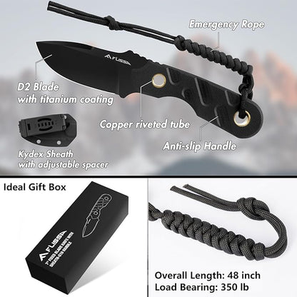FLISSA Fixed Blade Knife, 7 Inch Full Tang Hunting Knife with Kydex Sheath and Emergency Rope, Tactical Knife with G10 Handle for Survival, Camping, Hiking(Black)