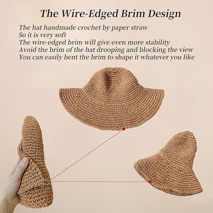 Floppy Big Beach Straw Hats for Women Foldable Summer Wide Brim Packable Sun Hat Womens Travel Straw Fedora Hat