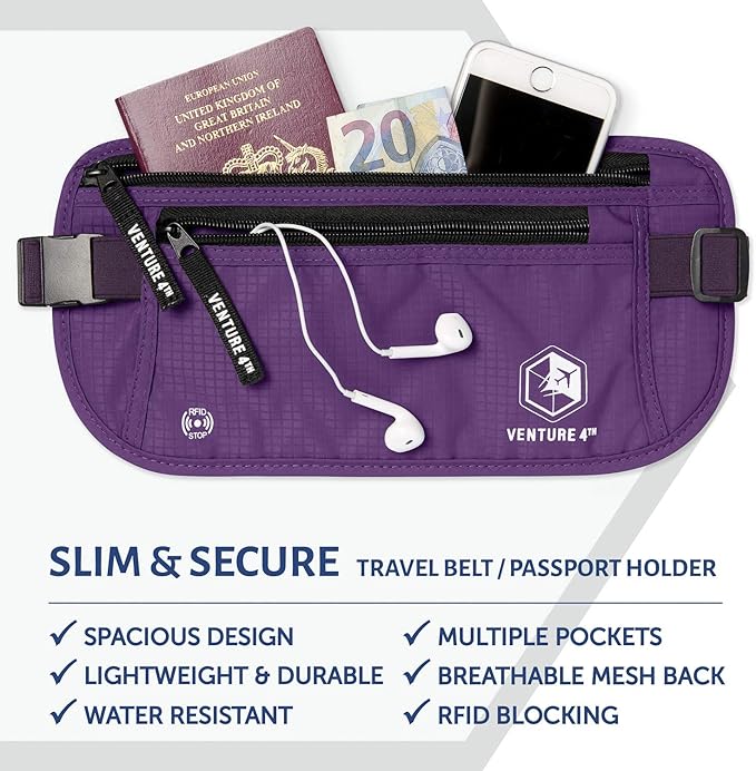 VENTURE 4TH Money Belt for Travel – Hidden Under-Clothes RFID Blocking Passport Holder & Slim Travel Wallet Pouch for Men & Women to Protect Cash, Cards & Documents (Purple)
