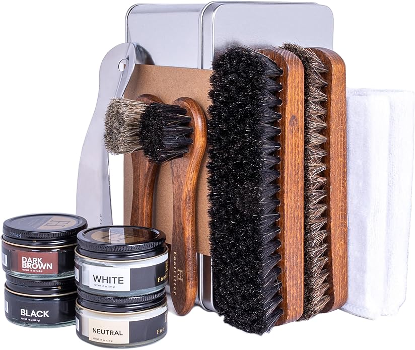 FootFitter Leather Shoe Shine Refill Set, Complete Shoe Care Kit with Horsehair Brushes, Premium Creams, Cloths & Shoehorn