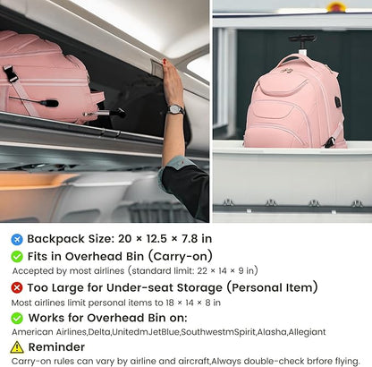 Boavan Rolling Backpack for Women, 17.3 Inch Wheeled Laptop Backpack,Large Travel Carry-On Bag for Teachers College Students, USB Charging Port Waterproof Business for Airplane Overnight Luggage，Pink