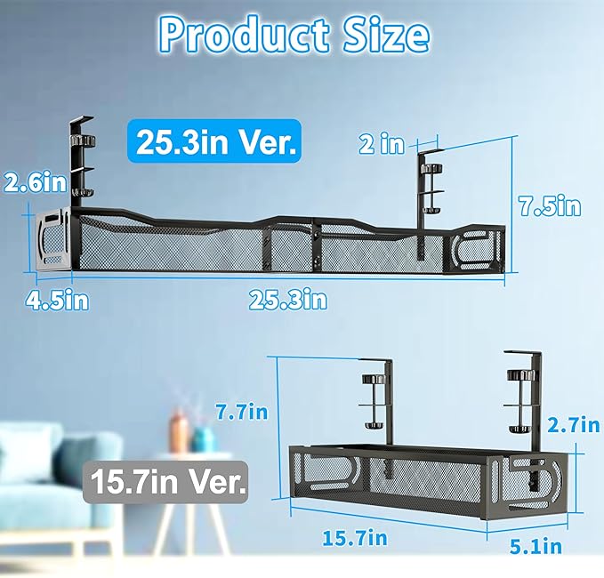 No Drill Under Desk Cable Management Tray, SONATURE 25.3" Cord Organizer for Table, Clamp Mount Desk Cable Management, Premium Carbon Steel Cable Organizer for Office, Home (Black)