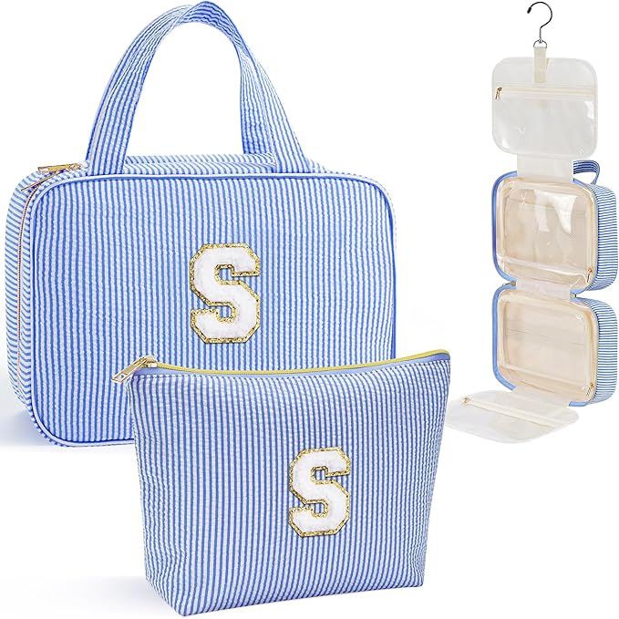 YOOLIFE Hanging Toiletry Bag - Large Capacity Personalized Travel Toiletry Bag for Women, Cruise Ship Essentials - Letter S, Blue