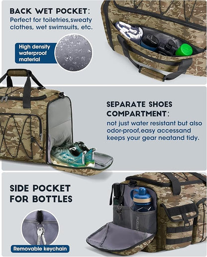 SDYSM Gym Bag for Men 45L Sports Duffel Bags 3-in-1 Travel Duffel Bag with Shoe Compartment, Gym Workout Backpack Carry On Weekender Bag Overnight Bag for Travel, KhakiCamouf