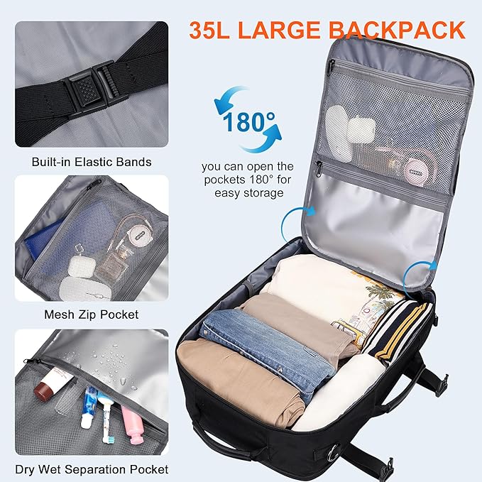 PIJUSHI Travel Backpack for Women Men Flight Approved Carry on Bag 16 inch Laptop Personal Item Daypack with Shoe Compartment(PE038 Black)