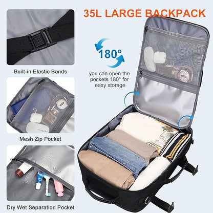 PIJUSHI Travel Backpack for Women Men Flight Approved Carry on Bag 16 inch Laptop Personal Item Daypack with Shoe Compartment(PE038 Black)