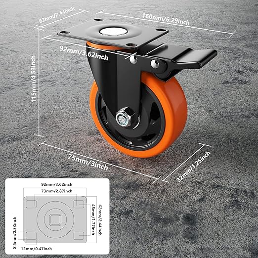 3 Inch Caster Wheels, Casters Set of 4, Heavy Duty Casters with Brake 1000 Lbs, Locking Industrial Swivel Top Plate Casters Wheels for Furniture and Workbench Cart(Two Hardware Kits Include)