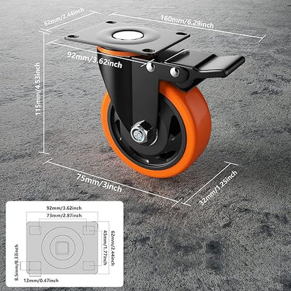 3 Inch Caster Wheels, Casters Set of 4, Heavy Duty Casters with Brake 1000 Lbs, Locking Industrial Swivel Top Plate Casters Wheels for Furniture and Workbench Cart(Two Hardware Kits Include)