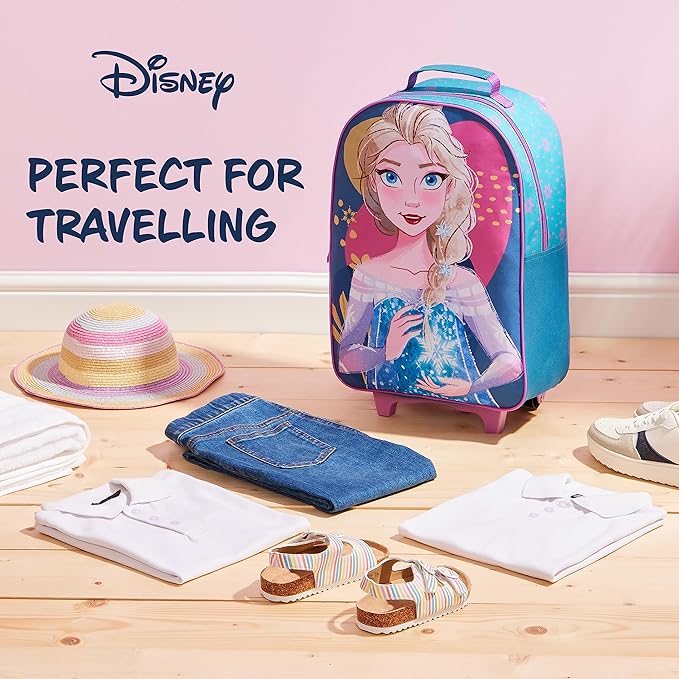 Disney Kids Rolling Luggage 16×11 in, 16‑L Carry‑On Suitcase with Wheels, Foldable Lightweight Travel Bag, Gifts for Kids (Blue Elsa)