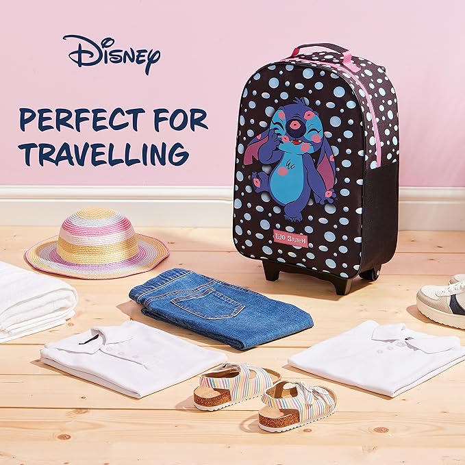 Disney Kids Rolling Luggage 16×11 in, 16‑L Carry‑On Suitcase with Wheels, Foldable Lightweight Travel Bag, Gifts for Kids(Black Stitch)