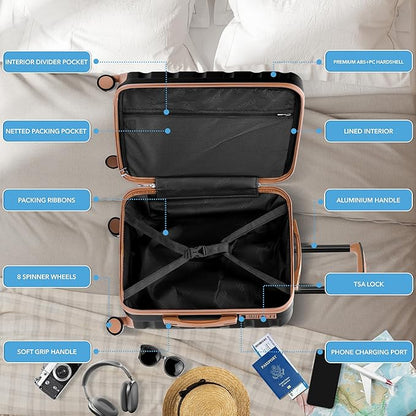Flight Knight 24x16x10 Expandable Carry On Suitcase Hardside TSA Lock USB C Lightweight Luggage Silent Double Spinner Wheels Maximum Overhead Carry-On Bag For Virgin & South West Approved Airlines
