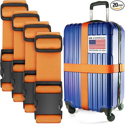 Luggage Straps for Suitcases - TSA Approved - Orange, 20 PK - Bulk Multipack Premium Nylon Belts for Suitcase, Briefcase & Travel Bag - Adjustable Strap Length 46" - 78"