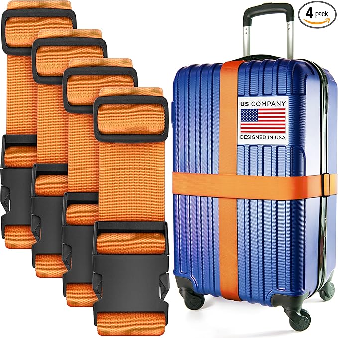 Luggage Straps for Suitcases - TSA Approved - Orange, 4 PK - Premium Nylon Belts for Suitcase, Briefcase & Travel Bag - Adjustable Strap Length 46" - 78"