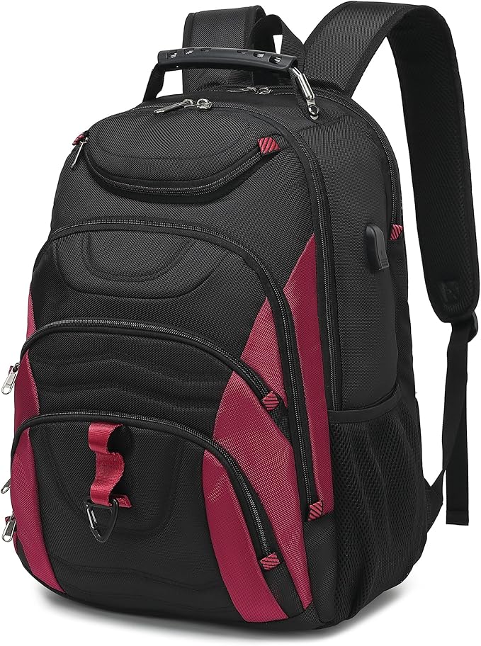 Boavan Laptop Backpack for men, 17.3 inch Laptop Bag with USB Port, Waterproof Travel Work Backpack Purse, Anti-Theft Teacher Nurse Doctor Casual Bookbags Office Business backpack，Black&Russet Red
