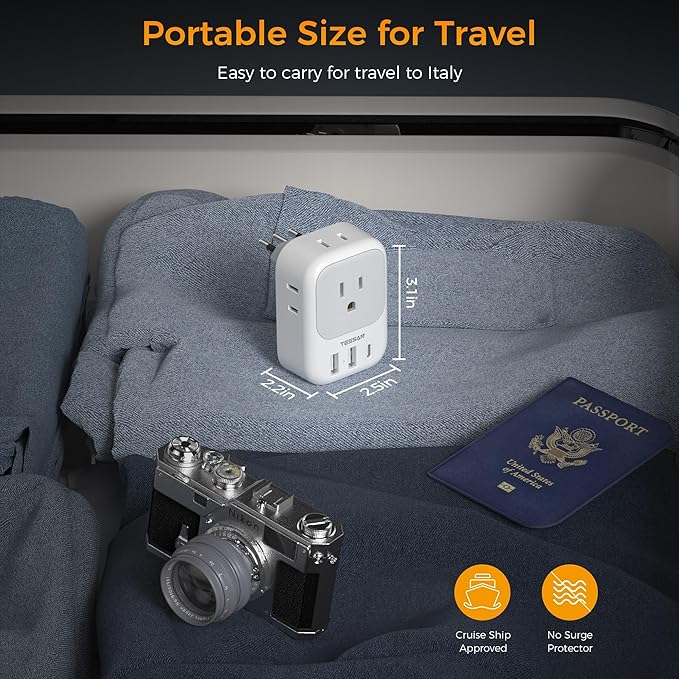 Italy Travel Plug Adapter 2 Pack, TESSAN Italy Power Adaptor with 4 Outlets 3 USB Charger (1 USB C Port), Type L Adapter for US to Chile Libya Syria Tunisia Uruguay