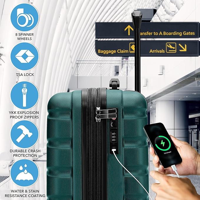 Flight Knight 21.5x15.5x9" Expandable Carry On Suitcase Hardside TSA Lock & USB C Port Lightweight Luggage Silent Double Spinner Wheels Maximum Canada Air Overhead Carry-On Bag Many Airlines Approved