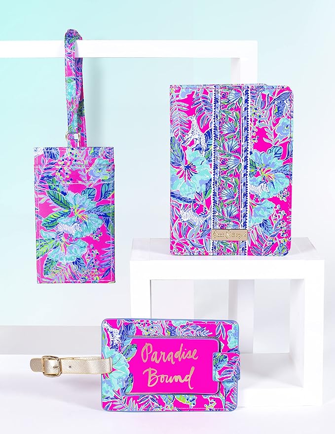 Lilly Pulitzer Leatherette Luggage Tag with Secure Strap, Colorful Suitcase Identifier for Travel