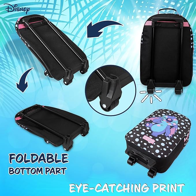 Disney Kids Rolling Luggage 16×11 in, 16‑L Carry‑On Suitcase with Wheels, Foldable Lightweight Travel Bag, Gifts for Kids(Black Stitch)