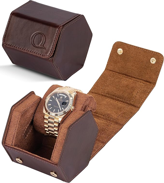 QWATCHBANDS Leather Watch Cases for Men - Hexagon Single & Double Watch Roll Travel Case - Genuine Napa Leather with Velvet Interior - Storage & Display Holder for 1 Watch or 2 Watches
