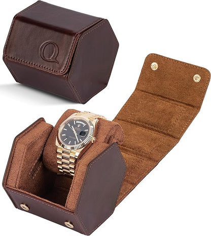 QWATCHBANDS Leather Watch Cases for Men - Hexagon Single & Double Watch Roll Travel Case - Genuine Napa Leather with Velvet Interior - Storage & Display Holder for 1 Watch or 2 Watches
