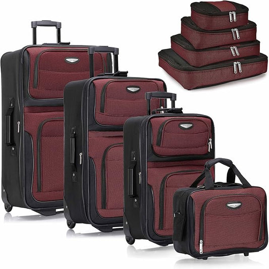 Travel Select Amsterdam Softside Expandable Luggage with Rolling Wheels, Burgundy, 8-Piece Set (15/21/25/29) with Packing Cubes