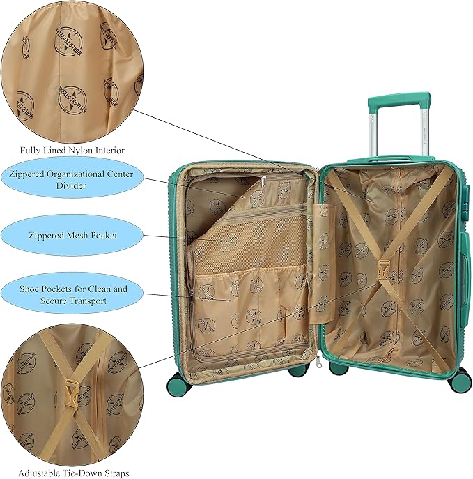 World Traveler VentureX Airline Approved 2-Piece Carry-On Luggage Set – Lightweight Hardside Polycarbonate Suitcase with Spinner Wheels - Green