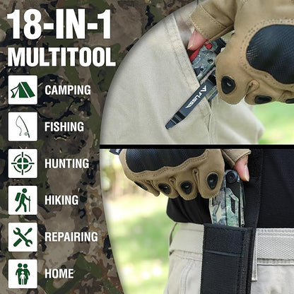FLISSA Multitool, 18 in 1 Camo Multitool Pliers with Fire Starter, Window Breaker, Whistle, Stainless Steel EDC Gear with Sheath - Perfect for Survival, Simple Repair, Camping