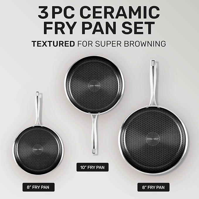 Hybrid 3pc Stainless Steel Non Stick Frying Pans Set, 8,10,12 inch Ceramic Frying Pan Skillet Set, Induction Ready, Made without PFAS & PFOA, Oven and Dishwasher Safe - Black