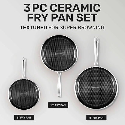 Hybrid 3pc Stainless Steel Non Stick Frying Pans Set, 8,10,12 inch Ceramic Frying Pan Skillet Set, Induction Ready, Made without PFAS & PFOA, Oven and Dishwasher Safe - Black
