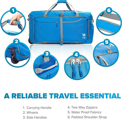 Bago Rolling Duffle Bag with Wheels - 27" 80L Foldable Weekender Bag, Waterproof Travel Duffel Bag, Heavy Duty LightWeight Duffle Bag for Traveling, Rolling Duffel Bag with Wheels (Blue2023)