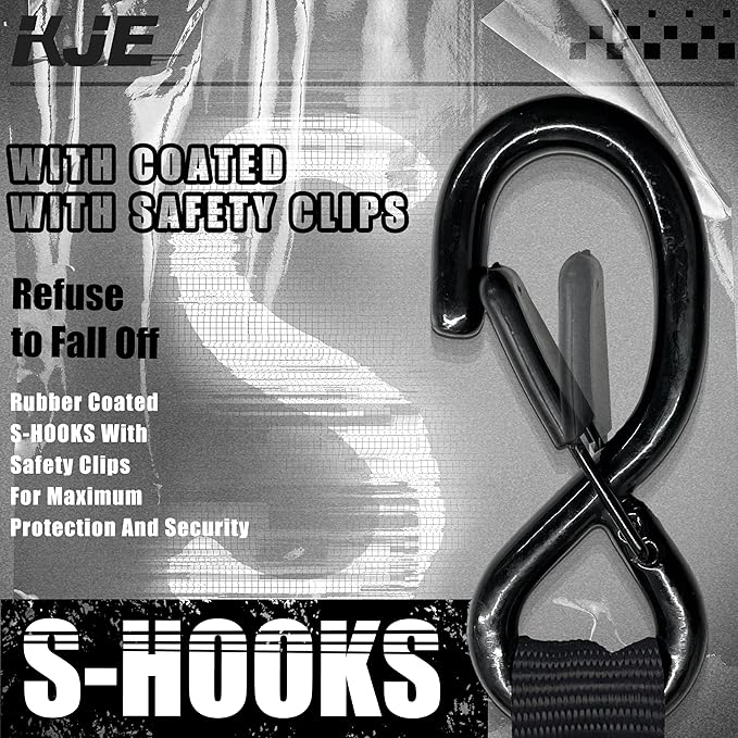 KJE Retractable Ratchet Straps, (4) 1" x 10' Tie Down Strap + (4) Soft Loop - Heavy Duty 1,650lb Max Break Strength, S-Hook with Clip, Self Retracting Ratchet Strap for Motorcycle, Kayak, ATVs, Boats
