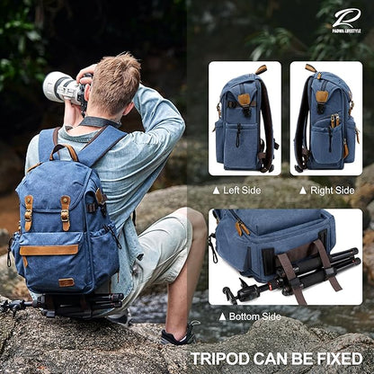 Padwa Lifestyle Blue Camera Backpack - Professional DSLR & UAV Camera Bag,Anti Theft Canvas Camera Backpack with Rain Cover,Large Capacity Photography Travel Camera Bag with Multi Compartments