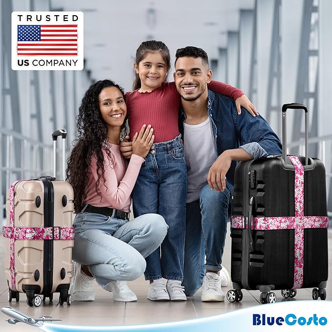 Luggage Straps for Suitcases - TSA Approved - Pink Geometric, 2 PK - Premium Belts for Suitcase, Briefcase & Travel Bag - Adjustable Strap Length 41" - 78"