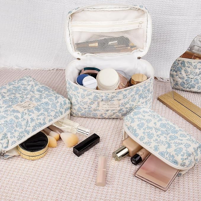 Makeup Bag Set, Quilted Makeup Bag, Large Floral Cosmetic Bag for Women, Cute Cotton Makeup Bags, Flower Travel Toiletry Organizer Bag (Blue Floer)
