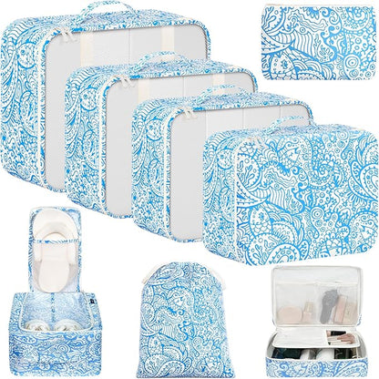 BAGAIL 8 Set Packing Cubes Luggage Packing Organizer Bags for Travel Accessories-Blue paisley