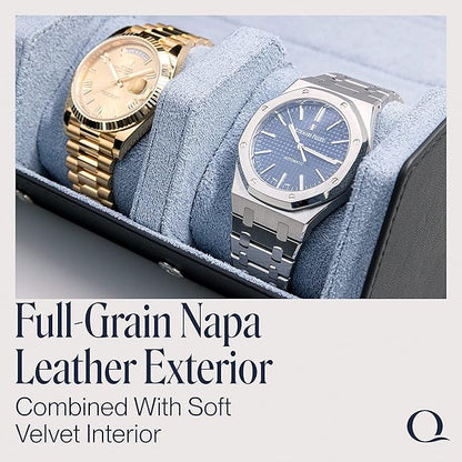 QWATCHBANDS Napa Leather Watch Rolls for Men - Hexagon Triple Watch Roll Travel Case for 3 Watches - Storage Organizer Genuine Leather with Velvet Interior Display (Gray/Blue)