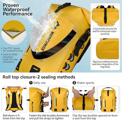 MARCHWAY Roll Top Waterproof Backpack, Floating Dry Bag 20L/30L/45L with Ergonomic Rectangular Base, Cushioned Back, Hip Strap for Hiking Camping Kayaking Travel (Yellow, 45L)