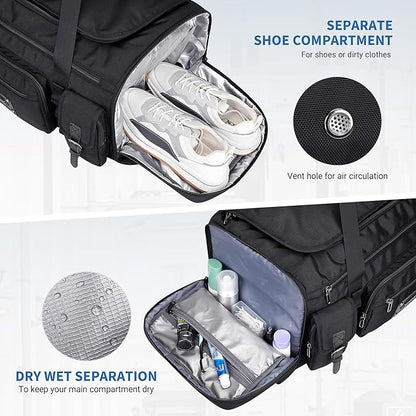 WITZMAN Duffle Bag for Men Large Carry On Weekender Bag 54L Nylon Duffle Gym Bags for Travel with Shoes Compartment(B717 Black)